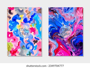 Cover set, vertical templates. Collection of watercolor geometric backgrounds with antistress pattern in ethnic style, bright palette of colors. Motifs of East, Asia, India, Mexico, Aztec, Africa