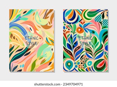 Cover set, vertical templates. Collection of watercolor abstract backgrounds with antistress tribal pattern in modernism style, ethnic tones. East, Asia, India, Mexico, Aztec, Africa, Peru.