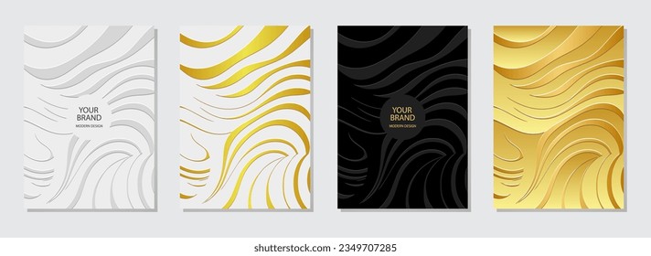 Cover set, vertical templates. Collection of embossed geometric backgrounds with ethnic 3D line pattern, golden texture. Fine art of the East, Asia, India, Africa, Mexico, Aztec, Peru.
