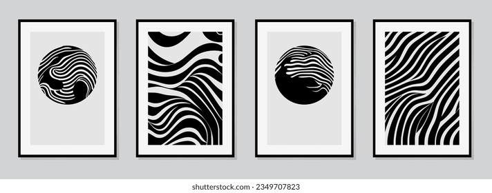 Cover set, vertical templates. Collection of vectors with geometric line pattern. Set of fine art posters in ethnic style for wall decor, abstract black and white picture.