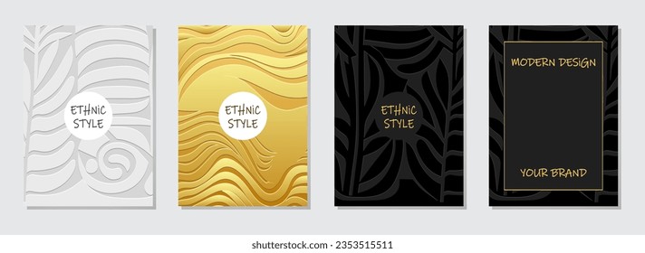 Cover set, vertical templates. Collection of embossed geometric backgrounds with ethnic 3D pattern, golden texture. Minimalistic abstract designs of East, Asia, India, Africa, Mexico, Aztec, Peru.