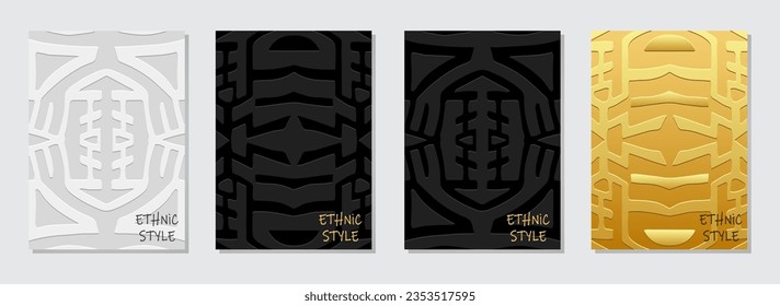 Cover set, vertical templates. Collection of embossed geometric backgrounds with ethnic 3D pattern, golden texture, primitivism. Minimalist designs of East, Asia, India, Africa, Mexico, Aztec, Peru.