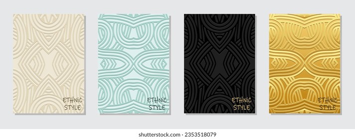Cover set, vertical templates. Collection of embossed geometric backgrounds with ethnic 3D line pattern, golden texture. Minimalist art designs of East, Asia, India, Africa, Mexico, Aztec, Peru.