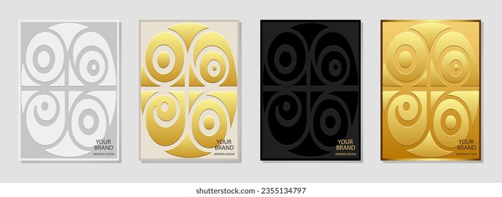 Cover set, vertical templates. Collection of embossed geometric backgrounds with ethnic 3d pattern, golden texture. Boho, minimalist designs of East, Asia, India, Africa, Mexico, Aztec, Peru.