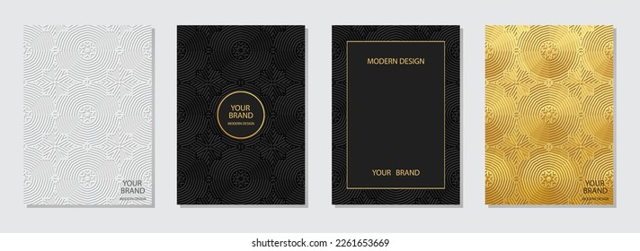 Cover set, vertical templates. Creative collection of relief geometric backgrounds with 3D pattern, press paper. Original doodle and zentagl technique, ethnic boho style, tribal golden texture.
