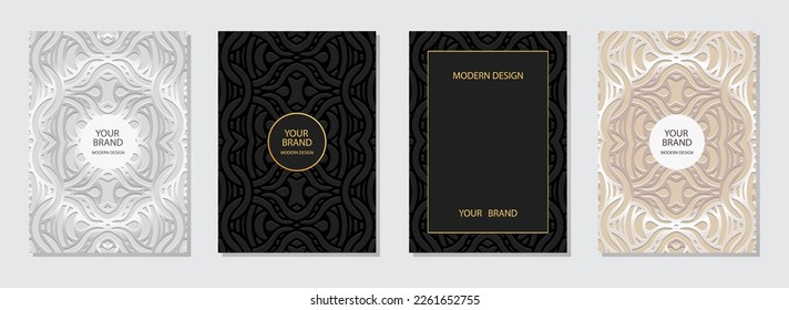 Cover set, vertical templates. Decorative collection of relief geometric backgrounds with 3D pattern, press paper. Original doodle and zentagl technique, ethnic boho style, tribal texture.