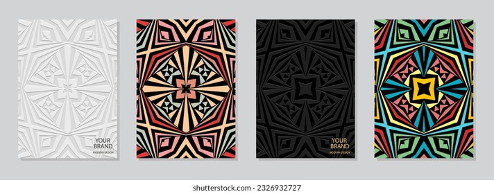 Cover set, vertical templates. Exotic collection of relief geometric backgrounds with ethnic 3D pattern. Tribal minimalism, traditions of the East, Asia, India, Mexico, Aztec, Peru.
