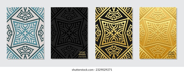 Conjunto de carátulas, plantillas verticales. Colección exótica de fondos geométricos en relieve con un patrón étnico 3D, textura dorada. Tradiciones tribales, estilo boho de Oriente, Asia, India, México, Azteca, Perú.