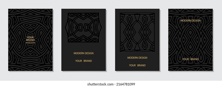 Cover set, vertical templates, handmade ethnic texture. A collection of black embossed backgrounds with an artistic 3D pattern. Heritage of the peoples of the East, Asia, India, Mexico, Aztecs, Peru.