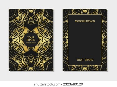 Cover set, vertical templates. Original relief geometric background with 3D pattern, gold texture, space for text. Tribal heritage of the peoples of the East, Asia, India, Mexico, Aztec, Peru.