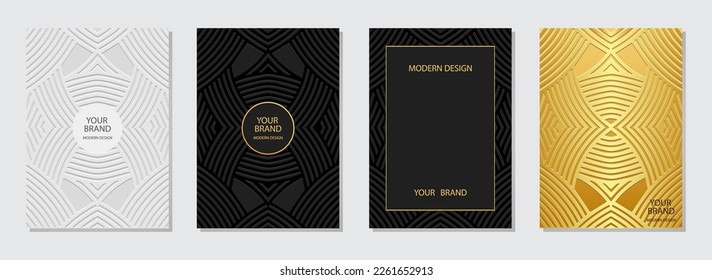 Cover set, vertical templates. A unique collection of relief geometric backgrounds with a 3D pattern, press paper. Original doodle and zentagl technique, ethnic boho style, tribal golden texture. 