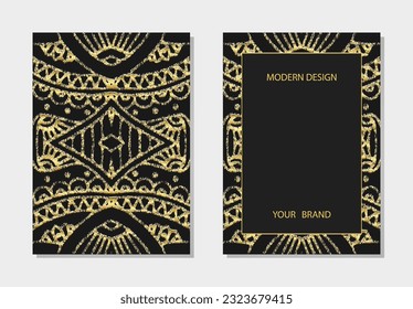 Cover Set, vertikale Vorlagen. Einzigartiger geometrischer Hintergrund mit 3D-Muster, goldener Textur, Platz für Text. Stammeserbe der Völker Ost, Asien, Indien, Mexiko, Aztec, Peru.