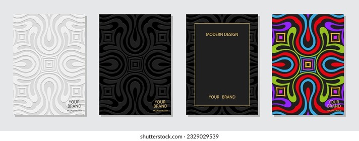 Cover set, vertical templates. A unique collection of embossed geometric backgrounds with an ethnic 3D pattern. Tribal traditions, boho style of East, Asia, India, Mexico, Aztec, Peru.