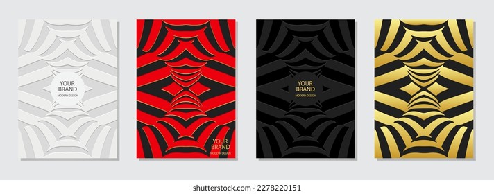 Cover set, vertical templates, vintage boho design. Collection of relief geometric backgrounds 3D pattern, press paper. Creative ethnos of the East, Asia, India, Mexico, Aztecs, Peru.