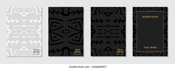 Cover set, vertical unique templates. Collection of minimalist backgrounds with 3d relief pattern, space for text. Ethnic, tribal ornaments of the East, Asia, India, Mexico, Aztecs, Peru.