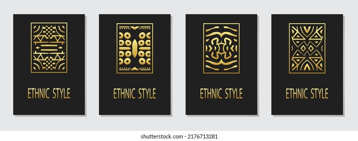 Cover set, vertical vector templates. Collection of black backgrounds with geometric gold pattern. Logo, monogram. Tribal ethnic style of East, Asia, India, Mexico, Aztecs, Peru.