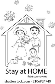 A cover sheet for children showing the Covid-19, coronavirus epidemics. The family protects itself from the epidemic. Stay home hashtag.