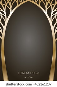 Cover of silhouettes stylized golden trees in the form of an arch with graphic templates for greeting cards, labels. Forged or cast gates in fairy-tale style. Vector graphics