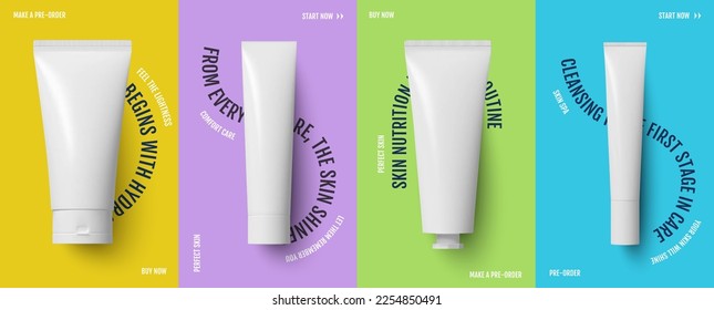 Cover of social media photorealistic set of creams on colored backgrounds conceptual layout of a template for beauty cosmetics for skin care