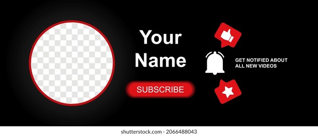 Cover for social networks. Minimalistic template with space for photo, subscribe button and bell. Editable layout for personal channel or video blog. Cartoon horizontal flat vector illustration