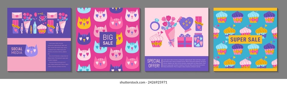 Cover or square card with Valentine's Day elements set. Brochure social media catalog, page background. Cartoon wedding and Valentine love concept design pattern flyer, notebook planner brochure, book