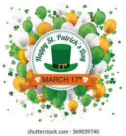 Cover for St. Patrick's Day Sale with banner, balloons, shamrocks and emblem. Eps 10 vector file.