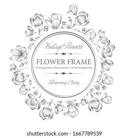 Cover, stencil for design. Vector with a retro cherry blossom on a white background. Illustration in the style of engraving. Space for your text.