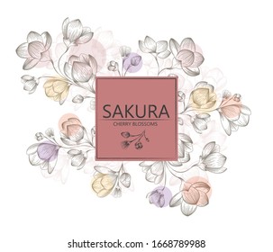 Cover, stencil for design. Vector with a retro cherry blossom on a white background. Illustration in the style of engraving. 