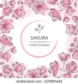 Tapa, galería de símbolos para el diseño. Vector con flores de cerezo retro sobre fondo blanco. Ilustración en el estilo de grabado. Espacio para el texto.