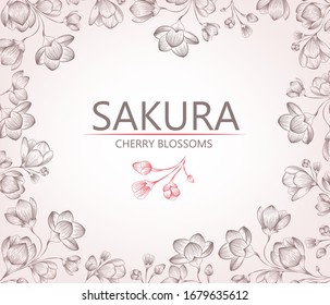 Cover, stencil for design. Vector with a retro cherry blossom on a white background. Illustration in the style of engraving. Space for your text.