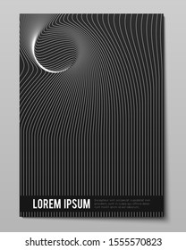 Cover with striped black white warped lines. Optical illusion effect, op art. Vector decorative cover for your design. Warped lines