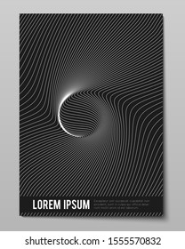 Cover with striped black white warped into one point lines. Optical illusion effect, op art. Vector decorative cover for your design. Warped lines