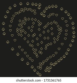 Cover with symbols of gamble. Colored illustration with hearts, spades, clubs, diamonds. Pattern for ads of parties, events in Vegas.