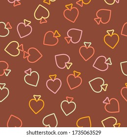 Cover with symbols of gamble. Colored illustration with hearts, spades, clubs, diamonds. Pattern for ads of parties, events in Vegas. 