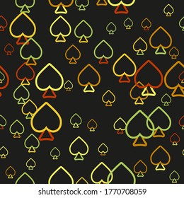 Cover with symbols of gamble. Colored illustration with hearts, spades, clubs, diamonds. Pattern for ads of parties, events in Vegas. 