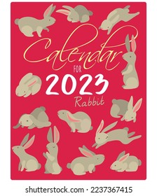 The cover and template of the 2023 calendar with rabbits in the color of the year 2023. Suitable for printing on paper. Banner, flyer, postcard