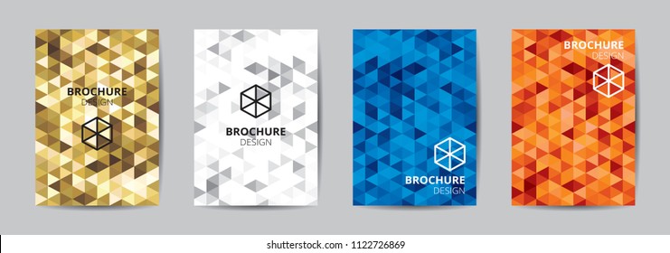 Cover template A4 size blue red gold low polygon color theme background. Company logo book page abstract design, white text layout CMYK printing. Gradient shading offset brochure.