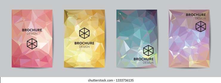 Cover template A4 size blue red gold low polygon color theme background. Company report abstract book design, black logo text layout CMYK printing. Gradient purple shading offset brochure.