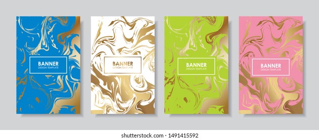 Cover template A4 size red blue pink black violet green color theme golden marble background. Company report abstract shiny gold book design, white logo text layout CMYK banner printing.