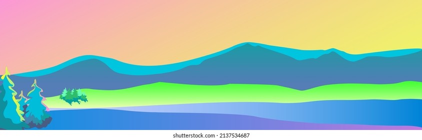 Cover, template, banner with nature for personal page. Vector illustration with mountains, field, river in light blue, green, pink and yellow colors.