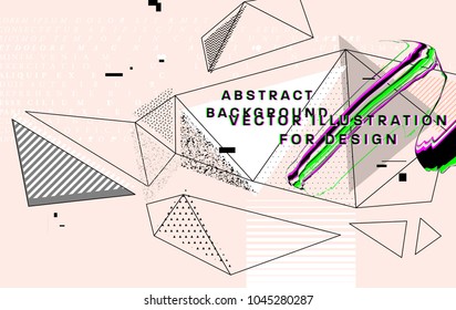 Cover template with bauhaus, memphis and hipster style holographic geometric and glitch art elements. Applicable for placards, brochures, posters, covers and banners. Vector illustrations.