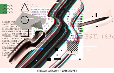 Cover template with bauhaus, memphis and hipster style holographic geometric and glitch art elements. Applicable for placards, brochures, posters, covers and banners. Vector illustrations.