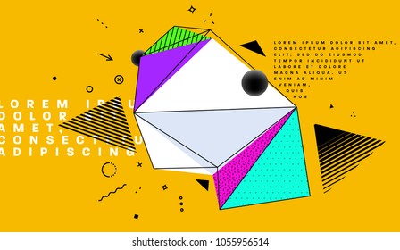 Cover template with bauhaus, memphis and hipster style holographic geometric and glitch art elements. Applicable for placards, brochures, posters, covers and banners. Vector illustrations.