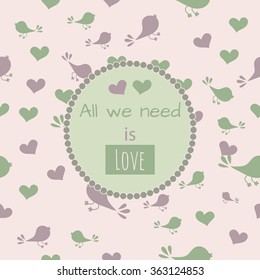  Cover template with birds and hearts. Can be used for invitations. Seamless pattern is masked