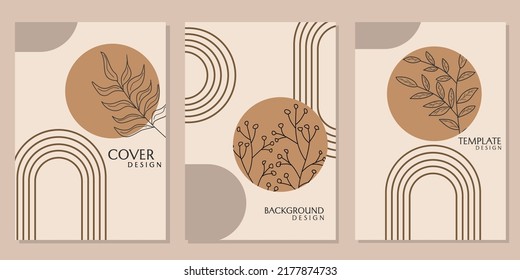 plantilla de portada, decoración de pared de estilo estético marrón. fondo abstracto con elementos florales dibujados a mano
