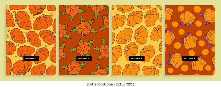 Cover template collection, abstract copybook layouts. Autumn design template, hand drawn pumpkins, flat vector illustration
