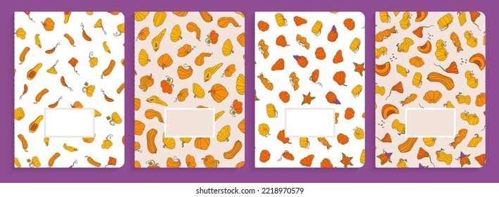 Colección de plantillas de carátula, diseños abstractos de libros de copias. Plantilla de diseño otoñal, calabazas dibujadas a mano, ilustración vectorial plana