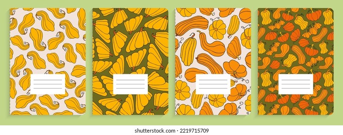 Colección de plantillas de carátula, diseños abstractos de libros de copias. Plantilla de diseño otoñal, calabazas dibujadas a mano, ilustración vectorial plana