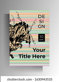 Cover template design for book, cover, brochure, catalog. A hand-drawn floral graphic element on a colored striped background. Vector 10 EPS.