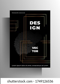 Cover template design for book, magazine, booklet, catalog, poster. Hand-drawn graphic elements and gold frames on a black background.  A4 format.  Vector 10 EPS.